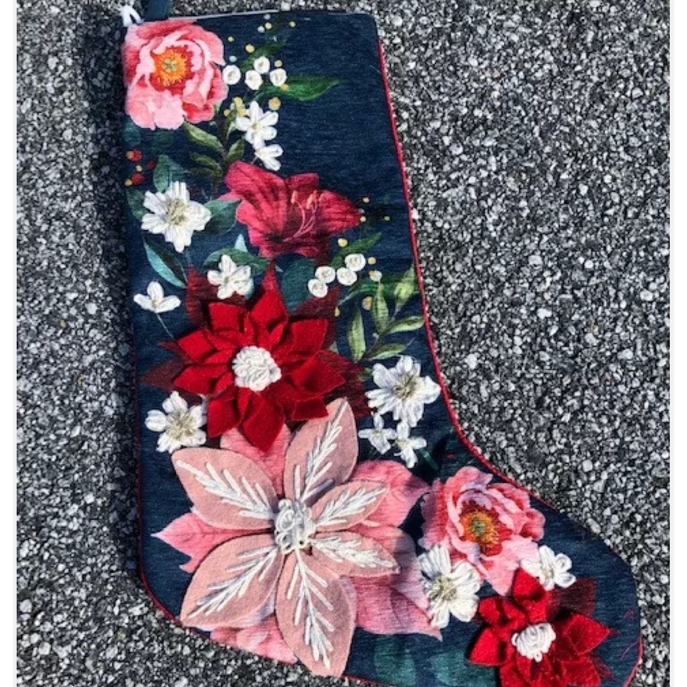 Cynthia Rowley poinsettia Pink floral Christmas Stocking Flowers Holiday Garden